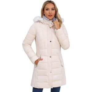 Thickened Beige Women's Puffer Jacket - Stylish Winter Coat with Faux-Fur Trim